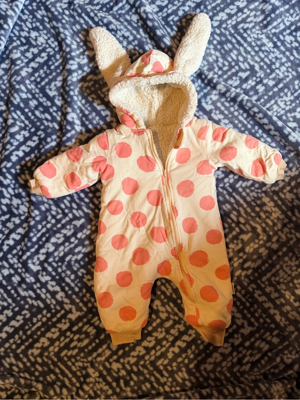 Cream One-Piece Footie with Pink Polka Dots and Sherpa Hood